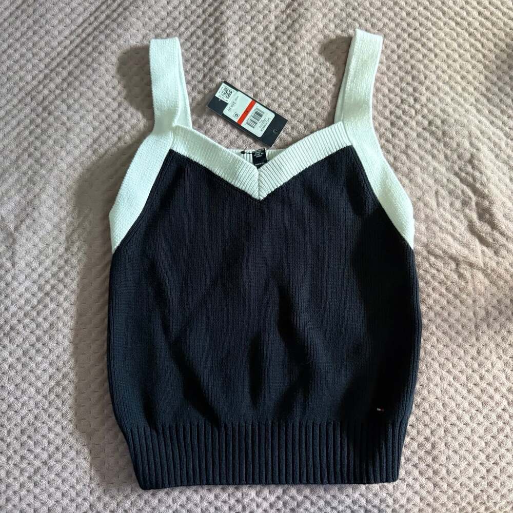 Tommy Hilfiger Women's Black & White V-Neck Knit Tank Top
